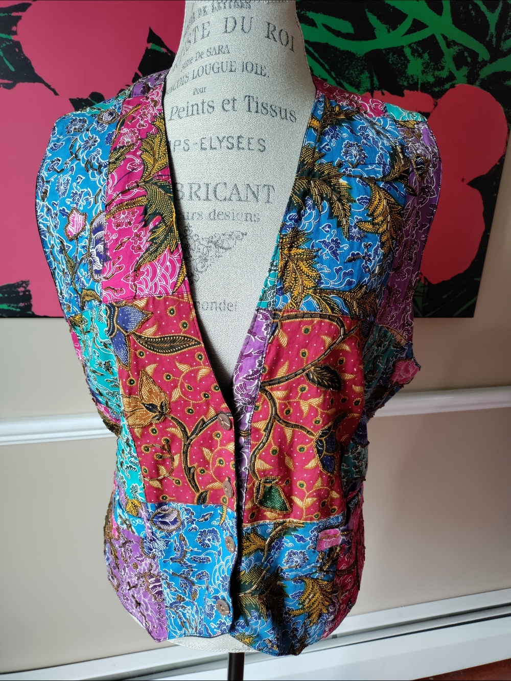 Women's Vintage Multicolor Beaded Boho Patchwork Sleeveless Vest Size 2X